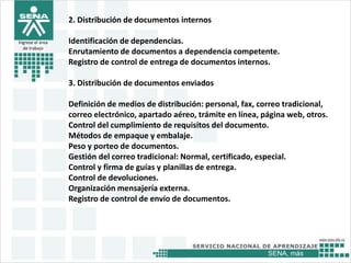 SENA, más
Ingrese el área
de trabajo
2. Distribución de documentos internos
Identificación de dependencias.
Enrutamiento de documentos a dependencia competente.
Registro de control de entrega de documentos internos.
3. Distribución de documentos enviados
Definición de medios de distribución: personal, fax, correo tradicional,
correo electrónico, apartado aéreo, trámite en línea, página web, otros.
Control del cumplimiento de requisitos del documento.
Métodos de empaque y embalaje.
Peso y porteo de documentos.
Gestión del correo tradicional: Normal, certificado, especial.
Control y firma de guías y planillas de entrega.
Control de devoluciones.
Organización mensajería externa.
Registro de control de envío de documentos.
 