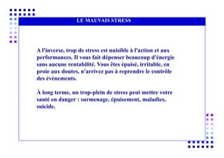 OFFRE
AUCUN INTÉRÊT POUR
L’ÉLÉMENT HUMAIN
LE MAUVAIS STRESS
A l'inverse, trop de stress est nuisible à l'action et aux
performances. Il vous fait dépenser beaucoup d'énergie
sans aucune rentabilité. Vous êtes épuisé, irritable, en
proie aux doutes, n'arrivez pas à reprendre le contrôle
des évènements.
À long terme, un trop-plein de stress peut mettre votre
santé en danger : surmenage, épuisement, maladies,
suicide.
 