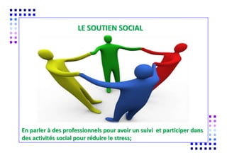 COMMENT MODIFIER SON
LE SOUTIEN SOCIAL
En parler à des professionnels pour avoir un suivi et participer dans
des activités social pour réduire le stress;
 