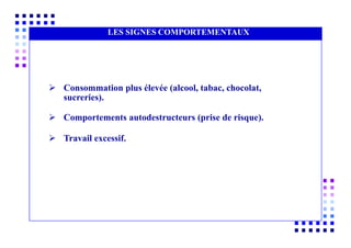  Consommation plus élevée (alcool, tabac, chocolat,
sucreries).
 Comportements autodestructeurs (prise de risque).
 Travail excessif.
OFFRE
AUCUN INTÉRÊT POUR
L’ÉLÉMENT HUMAIN
GRAND INTÉRÊT POUR
LA PRODUCTION
LES SIGNES COMPORTEMENTAUX
 