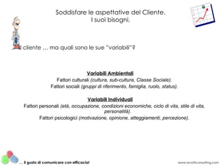 Soddisfare le aspettative del Cliente.
                                I suoi bisogni.



Il cliente … ma quali sono le sue ”variabili”?



                                    Variabili Ambientali
                   Fattori culturali (cultura, sub-cultura, Classe Sociale).
                 Fattori sociali (gruppi di riferimento, famiglia, ruolo, status).

                                 Variabili Individuali
  Fattori personali (età, occupazione, condizioni economiche, ciclo di vita, stile di vita,
                                         personalità).
          Fattori psicologici (motivazione, opinione, atteggiamenti, percezione).




… il gusto di comunicare con efficacia!                                          www.rovatticonsulting.com
 