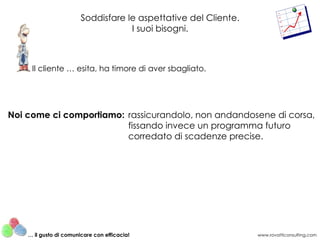 Soddisfare le aspettative del Cliente.
                                    I suoi bisogni.



     Il cliente … esita, ha timore di aver sbagliato.




Noi come ci comportiamo: rassicurandolo, non andandosene di corsa,
                         fissando invece un programma futuro
                         corredato di scadenze precise.




    … il gusto di comunicare con efficacia!                      www.rovatticonsulting.com
 