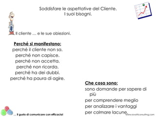 Soddisfare le aspettative del Cliente.
                                 I suoi bisogni.



  Il cliente … e le sue obiezioni.

 Perché si manifestano:
 perché il cliente non sa.
  perché non capisce.
  perché non accetta.
  perché non ricorda.
  perché ha dei dubbi.
perché ha paura di agire.
                                           Che cosa sono:
                                           sono domande per sapere di
                                             più
                                           per comprendere meglio
                                           per analizzare i vantaggi
 … il gusto di comunicare con efficacia!
                                           per colmare lacune. www.rovatticonsulting.com
 