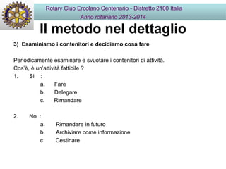Il metodo nel dettaglio
3) Esaminiamo i contenitori e decidiamo cosa fare
Periodicamente esaminare e svuotare i contenitori di attività.
Cos’è, è un’attività fattibile ?
1. Si :
a. Fare
b. Delegare
c. Rimandare
2. No :
a. Rimandare in futuro
b. Archiviare come informazione
c. Cestinare
Rotary Club Ercolano Centenario - Distretto 2100 Italia
Anno rotariano 2013-2014
 