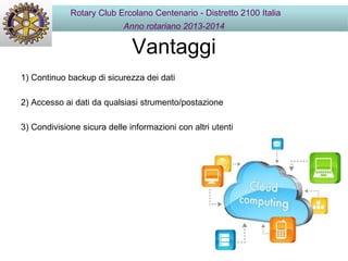 Vantaggi
1) Continuo backup di sicurezza dei dati
2) Accesso ai dati da qualsiasi strumento/postazione
3) Condivisione sicura delle informazioni con altri utenti
Rotary Club Ercolano Centenario - Distretto 2100 Italia
Anno rotariano 2013-2014
 