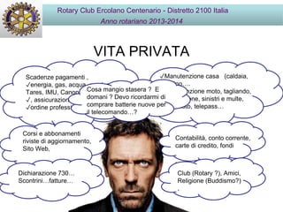 VITA PRIVATA
Scadenze pagamenti ,
✓energia, gas, acqua, condominio,
Tares, IMU, Canone Rai
✓, assicurazione professionale
✓ordine professionale, Enpam
Corsi e abbonamenti
riviste di aggiornamento,
Sito Web,
✓Manutenzione casa (caldaia,
giardino….
Manutenzione moto, tagliando,
assicurazione, sinistri e multe,
tassa moto, telepass…
,
Contabilità, conto corrente,
carte di credito, fondi
,
Club (Rotary ?), Amici,
Religione (Buddismo?)
,
Dichiarazione 730…
Scontrini…fatture…
Cosa mangio stasera ? E
domani ? Devo ricordarmi di
comprare batterie nuove per
il telecomando…?
Rotary Club Ercolano Centenario - Distretto 2100 Italia
Anno rotariano 2013-2014
 