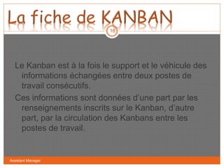 Assistant Manager
18
Le Kanban est à la fois le support et le véhicule des
informations échangées entre deux postes de
travail consécutifs.
Ces informations sont données d’une part par les
renseignements inscrits sur le Kanban, d’autre
part, par la circulation des Kanbans entre les
postes de travail.
 