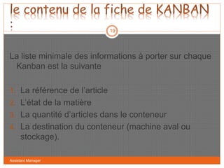 Assistant Manager
19
La liste minimale des informations à porter sur chaque
Kanban est la suivante
1. La référence de l’article
2. L’état de la matière
3. La quantité d’articles dans le conteneur
4. La destination du conteneur (machine aval ou
stockage).
 