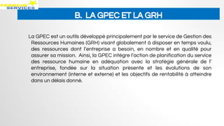 B. LA GPEC ET LA GRH
La GPEC est un outils développé principalement par le service de Gestion des
Ressources Humaines (GRH) visant globalement à disposer en temps voulu,
des ressources dont l’entreprise a besoin, en nombre et en qualité pour
assurer sa mission. Ainsi, la GPEC intègre l’action de planification du service
des ressource humaine en adéquation avec la stratégie générale de l’
entreprise, fondée sur la situation présente et les évolutions de son
environnement (interne et externe) et les objectifs de rentabilité à atteindre
dans un délais donné.
 