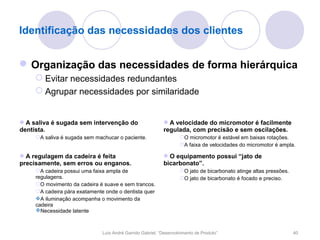 Identificação das necessidades dos clientes


 Organização das necessidades de forma hierárquica
     Evitar necessidades redundantes
     Agrupar necessidades por similaridade


A saliva é sugada sem intervenção do                       A velocidade do micromotor é facilmente
dentista.                                                   regulada, com precisão e sem oscilações.
     A saliva é sugada sem machucar o paciente.                    O micromotor é estável em baixas rotações.
                                                                    A faixa de velocidades do micromotor é ampla.

A regulagem da cadeira é feita                             O equipamento possui “jato de
precisamente, sem erros ou enganos.                         bicarbonato”.
     A cadeira possui uma faixa ampla de                           O jato de bicarbonato atinge altas pressões.
     regulagens.                                                    O jato de bicarbonato é focado e preciso.
     O movimento da cadeira é suave e sem trancos.
     A cadeira pára exatamente onde o dentista quer
     A iluminação acompanha o movimento da
     cadeira
     Necessidade latente



                               Luís André Garrido Gabriel, “Desenvolvimento de Produto”                             40
 
