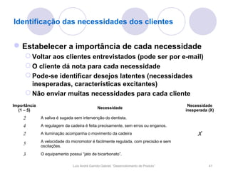 Identificação das necessidades dos clientes


 Estabelecer a importância de cada necessidade
      Voltar aos clientes entrevistados (pode ser por e-mail)
      O cliente dá nota para cada necessidade
      Pode-se identificar desejos latentes (necessidades
       inesperadas, características excitantes)
      Não enviar muitas necessidades para cada cliente
Importância                                                                                Necessidade
                                               Necessidade
  (1 – 5)                                                                                 inesperada (X)
    2         A saliva é sugada sem intervenção do dentista.
    4         A regulagem da cadeira é feita precisamente, sem erros ou enganos.
    2         A iluminação acompanha o movimento da cadeira                                     X
              A velocidade do micromotor é facilmente regulada, com precisão e sem
    5         oscilações.

    3         O equipamento possui “jato de bicarbonato”.

                               Luís André Garrido Gabriel, “Desenvolvimento de Produto”              41
 