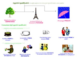 Aggettivi qualificativi:  si   aggiungono al nome per specificarne una qualità La torre Eiffel è un monumento  FRANCESE Che pioggia  FRESCA!! Questo è un albero  SEMPREVERDE Formazione degli aggettivi qualificativi 1-.  Aggettivi con quattro desinenze:  O, A, I, E Il piatto è  PIENO  di minestra La scodella è  PIENA  di latte I tuoi bicchieri sono sempre  PIENI Luigi ha le tasche  PIENE  di soldi!! 2-.  Aggettivi con tre desinenze:   A, I, E Non conosco un uomo più  ENTUSIASTA  di Paolo Maria è una donna  ENTUSIASTA Questi sono dei bambini  ENTUSIASTI  che ascoltano la lettura del padre Ci sono sempre delle donne  ENTUSIASTE  con il pettegolezzo!! 