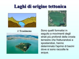 Laghi di origine tettonicaLaghi di origine tettonica
il Trasimeno Sono quelli formatisi in
seguito a movimenti degli
strati più profondi della crosta
terrestre che fratturandosi e
spostandosi, hanno
determinato l'aprirsi di bacini
dove si sono raccolte le
acque.
 