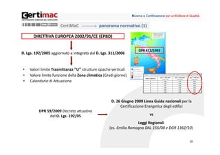 Ricerca e Certificazione per un’Edilizia di Qualità


                      CertiMaC               panorama normativo (1)

      DIRETTIVA EUROPEA 2002/91/CE (EPBD)

                                                                      DPR 412/1993
D. Lgs. 192/2005 aggiornato e integrato dal D. Lgs. 311/2006


•   Valori limite Trasmittanza “U” strutture opache verticali
•   Valore limite funzione della Zona climatica (Gradi giorno)
•   Calendario di Attuazione



                                                    D. 26 Giugno 2009 Linea Guida nazionali per la 
                                                         Certificazione Energetica degli edifici
          DPR 59/2009 Decreto attuativo 
                del D. Lgs. 192/05                                            vs

                                                                   Leggi Regionali
                                                   (es. Emilia Romagna DAL 156/08 e DGR 1362/10)


                                                                                                            10
 