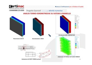 Ricerca e Certificazione per un’Edilizia di Qualità


                      Progetto Querzoli    attività numerica
                   ANALISI TERMO‐IGROMETROCHE SU SISTEMI A PANNELLO




                                                                     Distribuzione delle TEMPERATURE


Ricostruzione CAD 3D                 Discretizzazione e MESH




                                                                   Andamento VETTORIALE del FLUSSO TERMICO

                Valutazione dei PONTI TERMICI puntuali                                                    20
 