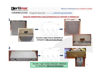 Ricerca e Certificazione per un’Edilizia di Qualità


          Progetto Querzoli               attività sperimentale
    ANALISI AMBIENTALI (GELO/DISGELO) SU SISTEMI A PANNELLO
1




                  Pannello a Taglio Termico 50x50x30 cm 
                   sottoposto a 200 cicli di Gelo/Disgelo




2



             Pannello a Taglio Termico ottimizzato  160x55x30 
                                                                                               22
                cm sottoposto a 200 cicli di Gelo/Disgelo
 
