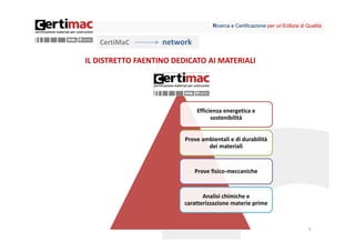 Ricerca e Certificazione per un’Edilizia di Qualità


   CertiMaC        network

IL DISTRETTO FAENTINO DEDICATO AI MATERIALI




                             Efficienza energetica e 
                                   sostenibilità


                         Prove ambientali e di durabilità 
                                 dei materiali


                             Prove fisico‐meccaniche


                                Analisi chimiche e 
                         caratterizzazione materie prime



                                                                               5
 
