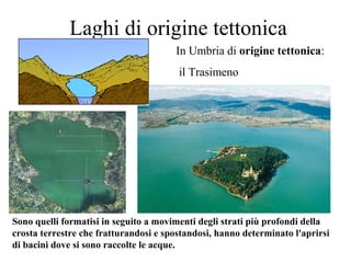 Laghi di origine tettonica
In Umbria di origine tettonica:
il Trasimeno
Sono quelli formatisi in seguito a movimenti degli strati più profondi della
crosta terrestre che fratturandosi e spostandosi, hanno determinato l'aprirsi
di bacini dove si sono raccolte le acque.
 