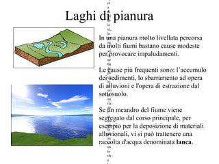 Laghi di pianura
er
a
di
all
uv
io
ni,
le
irr
eg
ol
ari
tà
ne
lla
de
po
siz
io
ne
ori
gi
na
ria
de
l
m
ate
ria
le
all
uv
io
na
le
ch
e
er
a
di
all
uv
io
ni,
le
irr
eg
ol
ari
tà
ne
lla
de
po
siz
io
ne
ori
gi
na
ria
de
l
m
ate
ria
le
all
uv
io
na
le
ch
e
In una pianura molto livellata percorsa
da molti fiumi bastano cause modeste
per provocare impaludamenti.
Le cause più frequenti sono: l’accumulo
dei sedimenti, lo sbarramento ad opera
di alluvioni e l'opera di estrazione dal
sottosuolo.
Se un meandro del fiume viene
segregato dal corso principale, per
esempio per la deposizione di materiali
alluvionali, vi si può trattenere una
raccolta d'acqua denominata lanca.
 