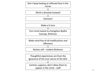 107
Don’t keep looking at reflected face in the
mirror
Mind is directed outward
Extrovert
Make a U-turn
Turn mind inward to changeless Bodha
Svarupa, Brahman
Make mind free of all modifications and
affections
Realise self – evident Brahman
Thoughtful experiences are from the
ignorance of the true nature of the SELF
Control, suppress, don’t allow them to
appear in the mind – staff
 