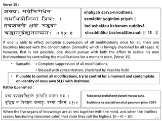 115
Verse 15 :
If one is able to effect complete suppression of all modifications once for all, then one
becomes blessed with the concentration (Samadhi) which is lovingly cherished by all sages. If,
however, that is not possible, one should pursue with faith the effort to realise his own
Brahmanhood by controlling the modifications for a moment even. [Verse 15]
• Samadhi = Complete suppression of all modifications.
= Blessed with concentration, cherished by Vasishta Rishi
• If unable to control all modifications, try to control for a moment and contemplate
on identity of ones own SELF with Brahman.
Katho Upanishad :
When the five organs of knowledge are at rest together with the mind, and when the intellect
ceases functioning (becomes calm) that state they call the highest. [II – III – 10]
 