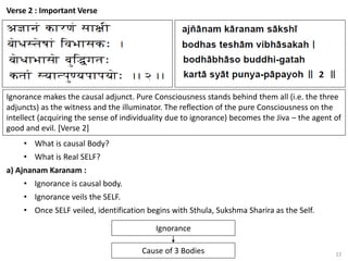 22
Verse 2 : Important Verse
• What is causal Body?
• What is Real SELF?
a) Ajnanam Karanam :
• Ignorance is causal body.
• Ignorance veils the SELF.
• Once SELF veiled, identification begins with Sthula, Sukshma Sharira as the Self.
Ignorance makes the causal adjunct. Pure Consciousness stands behind them all (i.e. the three
adjuncts) as the witness and the illuminator. The reflection of the pure Consciousness on the
intellect (acquiring the sense of individuality due to ignorance) becomes the Jiva – the agent of
good and evil. [Verse 2]
Ignorance
Cause of 3 Bodies
 