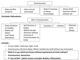 25
Consciousness
- Does not Rise
(Unborn)
- Does not set
(Immortal)
- Doesn’t increase
or decay
(Immutable)
- Shines itself
- Illumines others
without aid
Viseshaka Vibhasakaha :
SELF / Consciousness
- Gives existence
to 3 bodies
- Bodies are
Jadam
- Can’t know
themselves
- Self Illumines 3
bodies
- Bodha Svarupa
- Illumines without
necessity of
instrumentation to
know
- Ceaseless - Uniform - Remains
same
always
Example :
• To see mobile, need eyes, light, mind.
• Consciousness illumines Body / Mind / Intellect by itself without any instrument.
• What is in you which just knows without requirement of mind, Indriyas?
• Consciousness, Awareness.
• 1st clue of SELF : Sakshi, knower principle, Bodaha, Vibhasakaha.
 