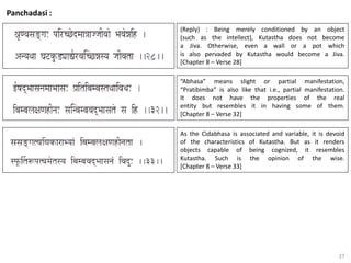 37
Panchadasi :
(Reply) : Being merely conditioned by an object
(such as the intellect), Kutastha does not become
a Jiva. Otherwise, even a wall or a pot which
is also pervaded by Kutastha would become a Jiva.
[Chapter 8 – Verse 28]
“Abhasa” means slight or partial manifestation,
“Pratibimba” is also like that i.e., partial manifestation.
It does not have the properties of the real
entity but resembles it in having some of them.
[Chapter 8 – Verse 32]
As the Cidabhasa is associated and variable, it is devoid
of the characteristics of Kutastha. But as it renders
objects capable of being cognized, it resembles
Kutastha. Such is the opinion of the wise.
[Chapter 8 – Verse 33]
 