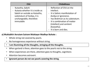 82
a) Muktabhir Avrutam Sutram Muktayor Madhye Ikshate :
• Whole string not covered by pearls.
• No homogeneous experience without string.
• I am illumining all the thoughts, stringing all the thoughts.
• When garland is there, attention goes to the pearls not to the string.
• When experiences are there, attention goes to thoughts, cognitions
• Attention becomes extrovert.
• Ignorant person do not see pearls covering the string.
Chit Chidabhasa
- Kutastha, Sakshi
- Kutasta whether it is inside as
Sakshi or outside as Kutastha,
substratum of Avidya, it is
unchangeable, therefore
immutable
- Reflection of Chit on the
intellect.
- It is Sattvic manifestation of
Avidya or ignorance.
- has Brahman as its substratum.
- It is combination of matter
(Intellect) and sentient
(Kutastha).
- It is born and dies.
 