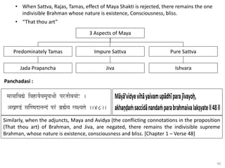 90
• When Sattva, Rajas, Tamas, effect of Maya Shakti is rejected, there remains the one
indivisible Brahman whose nature is existence, Consciousness, bliss.
• “That thou art”
3 Aspects of Maya
Predominately Tamas Impure Sattva Pure Sattva
Jada Prapancha Jiva Ishvara
Panchadasi :
Similarly, when the adjuncts, Maya and Avidya (the conflicting connotations in the proposition
(That thou art) of Brahman, and Jiva, are negated, there remains the indivisible supreme
Brahman, whose nature is existence, consciousness and bliss. [Chapter 1 – Verse 48]
 