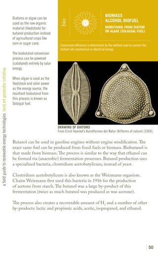 BIOMASS
                                                                               Diatoms or algae can be
                                                                                                                                                    ALCOHOL BIOFUEL




                                                                                                                bio
                                                                               used as the raw organic
                                                                               material (feedstock) for                                             BIOBUTANOL FROM DIATOM
                                                                                                                                                    OR ALGAE (SOLALGAL FUEL)
                                                                               butanol production instead
                                                                               of agricultural crops like
                                                                               corn or sugar cane.               Conversion efficiency is determined by the method used to convert the
                                                                                                                 biofuel into mechanical or electrical energy
                                                                               The biobutanol conversion
                                                                               process can be powered
                                                                               (catalyzed) entirely by solar
                                                                               energy.
a field guide to renewable energy technologies land art generator initiative




                                                                               When algae is used as the
                                                                               feedstock and solar power
                                                                               as the energy source, the
                                                                               resultant biobutanol from
                                                                               this process is known as
                                                                               Solalgal fuel.




                                                                                                               DRAWING OF DIATOMS
                                                                                                               From Ernst Haeckel’s Kunstformen der Natur (Artforms of nature) (1904).

                                                                               Butanol can be used in gasoline engines without engine modification. The
                                                                               exact same fuel can be produced from fossil fuels or biomass. Biobutanol is
                                                                               that made from biomass. The process is similar to the way that ethanol can
                                                                               be formed via (anaerobic) fermentation processes. Butanol production uses
                                                                               a specialized bacteria, clostridium acetobutylicum, instead of yeast.

                                                                               Clostridium acetobutylicum is also known as the Weizmann organism.
                                                                               Chaim Weizmann first used this bacteria in 1916 for the production
                                                                               of acetone from starch. The butanol was a large by-product of this
                                                                               fermentation (twice as much butanol was produced as was acetone).

                                                                               The process also creates a recoverable amount of H2 and a number of other
                                                                               by-products: lactic and propionic acids, acetic, isopropanol, and ethanol.




                                                                                                                                                                                         50
 