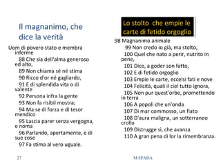 Il magnanimo, che
dice la verità
Uom di povero stato e membra
inferme
88 Che sia dell'alma generoso
ed alto,
89 Non chiama sé né stima
90 Ricco d'or né gagliardo,
91 E di splendida vita o di
valente
92 Persona infra la gente
93 Non fa risibil mostra;
94 Ma se di forza e di tesor
mendico
95 Lascia parer senza vergogna,
e noma
96 Parlando, apertamente, e di
sue cose
97 Fa stima al vero uguale.
98 Magnanimo animale
99 Non credo io già, ma stolto,
100 Quel che nato a perir, nutrito in
pene,
101 Dice, a goder son fatto,
102 E di fetido orgoglio
103 Empie le carte, eccelsi fati e nove
104 Felicità, quali il ciel tutto ignora,
105 Non pur quest'orbe, promettendo
in terra
106 A popoli che un'onda
107 Di mar commosso, un fiato
108 D'aura maligna, un sotterraneo
crollo
109 Distrugge sì, che avanza
110 A gran pena di lor la rimembranza.
Lo stolto che empie le
carte di fetido orgoglio
Lo stolto che empie le
carte di fetido orgoglio
27 M.SPADA
 