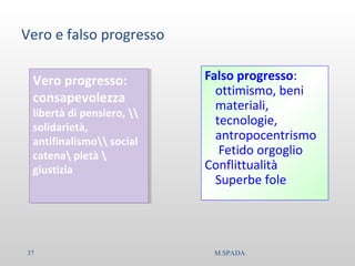 Vero e falso progresso
Falso progresso:
ottimismo, beni
materiali,
tecnologie,
antropocentrismo
Fetido orgoglio
Conflittualità
Superbe fole
Vero progresso:
consapevolezza
libertà di pensiero, 
solidarietà,
antifinalismo social
catena pietà 
giustizia
Vero progresso:
consapevolezza
libertà di pensiero, 
solidarietà,
antifinalismo social
catena pietà 
giustizia
37 M.SPADA
 