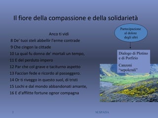 Il fiore della compassione e della solidarietà
Anco ti vidi
8 De' tuoi steli abbellir l'erme contrade
9 Che cingon la cittade
10 La qual fu donna de' mortali un tempo,
11 E del perduto impero
12 Par che col grave e taciturno aspetto
13 Faccian fede e ricordo al passeggero.
14 Or ti riveggo in questo suol, di tristi
15 Lochi e dal mondo abbandonati amante,
16 E d'afflitte fortune ognor compagna
Partecipazione
al dolore
degli altri
Dialogo di Plotino
e di Porfirio
Canzoni
“sepolcrali”
5 M.SPADA
 