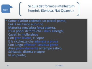 Si quis det formicis intellectum
hominis (Seneca, Nat Quaest.)
 Come d’arbor cadendo un picciol pomo,
Cui là nel tardo autunno
Maturità senz’altra forza atterra,
D’un popol di formiche i dolci alberghi,
Cavati in molle gleba
Con gran lavoro, e l’opre
E le ricchezze che adunate a prova
Con lungo affaticar l’assidua gente
Avea provvidamente al tempo estivo,
Schiaccia, diserta e copre
In un punto;
topos
50 M.SPADA
 