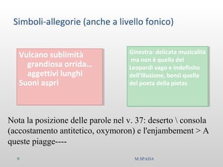 Simboli-allegorie (anche a livello fonico)
Vulcano sublimità
grandiosa orrida…
aggettivi lunghi
Suoni aspri
Vulcano sublimità
grandiosa orrida…
aggettivi lunghi
Suoni aspri
Ginestra: delicata musicalità
ma non è quella del
Leopardi vago e indefinito
dell'illusione, bensì quella
del poeta della pietas
Ginestra: delicata musicalità
ma non è quella del
Leopardi vago e indefinito
dell'illusione, bensì quella
del poeta della pietas
Nota la posizione delle parole nel v. 37: deserto  consola
(accostamento antitetico, oxymoron) e l'enjambement > A
queste piagge----
9 M.SPADA
 