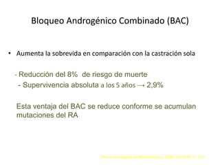 Bloqueo Androgénico Combinado (BAC)
• Aumenta la sobrevida en comparación con la castración sola
- Reducción del 8% de riesgo de muerte
- Supervivencia absoluta a los 5 años → 2,9%
Esta ventaja del BAC se reduce conforme se acumulan
mutaciones del RA
Clínicas Urológicas de Norteamérica. 2006. Vol 33 Nº 2. 163
 