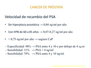CANCER DE PRÓSTATA
Velocidad de recambio del PSA
• Sin hiperplasia prostática → 0,04 ng/ml por año
• Con HPB de 60 a 85 años → 0,07-0,27 ng/ml por año
• > 0,75 ng/ml por año → sugiere CaP
- Especificidad: 90% → PSA entre 4 y 10 o por debajo de 4 ng/ml
- Sensibilidad: 11% → PSA < 4 ng/ml
- Sensibilidad: 79% → PSA entre 4 y 10 ng/ml
Campbell. 2005. 8ª edición. Tomo 4. pp. 3355
 