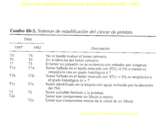 Sistema de estadificación del cáncer de próstata según AJCC Y UICC
Campbell. 2005. 8ª edición. Tomo 4. pp. 3359
 
