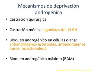 Mecanismos de deprivación
androgénica
• Castración quirúrgica
• Castración médica: agonistas de LH-RH
• Bloqueo androgénico en células diana:
antiandrógenos esteroides, antiandrógenos
puros (no esteoideos)
• Bloqueo androgénico máximo (BAM)
Campbell. 2005. 8ª edición. Tomo 4. pp. 3486
 