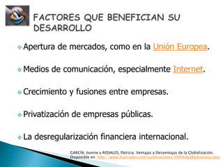 FACTORES QUE BENEFICIAN SU DESARROLLOApertura de mercados, como en la Unión Europea.