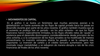 • MOVIMIENTOS DE CAPITAL.
En el gráfico 3 se ilustra un fenómeno que muchas personas asocian a la
globalización: un fuerte aumento de los flujos de capital privado hacia los países en
desarrollo durante gran parte de los años noventa. El gráfico también muestra que a)
el aumento se produjo tras un período --en los años ochenta-- en que los flujos
financieros fueron especialmente limitados, b) los flujos oficiales netos de "ayuda" o
asistencia para el desarrollo disminuyeron considerablemente desde principios de los
años ochenta, y c) la composición de los flujos privados se ha modificado de manera
extraordinaria. La inversión extranjera directa ha pasado a ser la categoría más
importante. La inversión de cartera y el crédito bancario aumentaron, pero han
mostrado mayor inestabilidad, y se redujeron de manera abrupta a raíz de las crisis
financieras de finales de los años noventa.
 