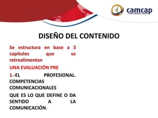 DISEÑO DEL CONTENIDO
Se estructura en base a 3
capítulos que se
retroalimentan
UNA EVALUACIÓN PRE
1.-EL PROFESIONAL.
COMPETENCIAS
COMUNICACIONALES
QUE ES LO QUE DEFINE O DA
SENTIDO A LA
COMUNICACIÓN.
 