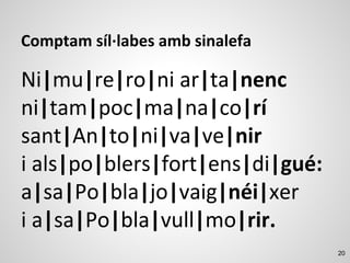 20
Comptam síl·labes amb sinalefa
Ni|mu|re|ro|ni ar|ta|nenc
ni|tam|poc|ma|na|co|rí
sant|An|to|ni|va|ve|nir
i als|po|blers|fort|ens|di|gué:
a|sa|Po|bla|jo|vaig|néi|xer
i a|sa|Po|bla|vull|mo|rir.
 