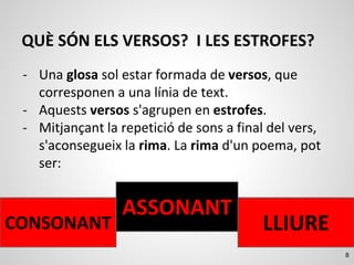 8
QUÈ SÓN ELS VERSOS? I LES ESTROFES?
CONSONANT
ASSONANT
LLIURE
- Una glosa sol estar formada de versos, que
corresponen a una línia de text.
- Aquests versos s'agrupen en estrofes.
- Mitjançant la repetició de sons a final del vers,
s'aconsegueix la rima. La rima d'un poema, pot
ser:
 