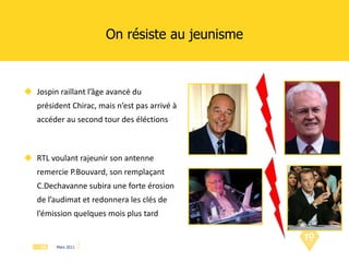 On résiste au jeunisme Jospin raillant l’âge avancé du président Chirac, mais n’est pas arrivé à accéder au second tour des éléctions RTL voulant rajeunir son antenne remercie P.Bouvard, son remplaçant C.Dechavanne subira une forte érosion de l’audimat et redonnera les clés de l’émission quelques mois plus tard 