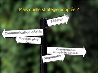 Mais quelle stratégie adoptée ? Fédérer Segmenter Communication intergénérationnelle Communication dédiée Stratégie ping-pong 