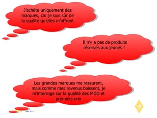 J’achète uniquement des marques, car je suis sûr de la qualité qu’elles m’offrent Il n’y a pas de produits réservés aux jeunes !  Les grandes marques me rassurent, mais comme mes revenus baissent, je m’interroge sur la qualité des MDD et premiers prix 