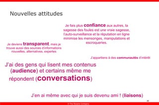 Nouvelles attitudes Je deviens  transparent , mais je trouve aussi des sources d’informations nouvelles, alternatives, expertes J’ai des gens qui lisent mes contenus ( audience ) et certains même me répondent ( conversations ) J’en ai même avec qui je suis devenu ami ! ( liaisons ) J’appartiens à des  communautés  d’intérêt Je fais plus  confiance  aux autres, la sagesse des foules est une vraie sagesse, l’auto-surveillance et la réputation en ligne minimise les mensonges, manipulations et escroqueries. 