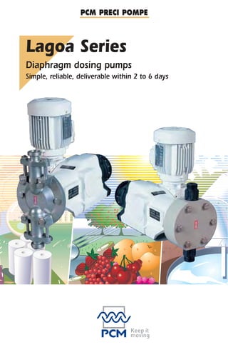Lagoa Series
                                                                                                     Diaphragm dosing pumps                            PCM PRECI POMPE
                                                                                                     Simple, reliable, deliverable

  Applications                                                                                       within 2 to 6 days




Food
• Metering of alkaline and/or acid products and disinfecting solutions
                                                                                                                                     Lagoa Series
  into installed cleaning systems (CIP)
• Metering of fermentation products and renet in the dairy industry                                                                  Diaphragm dosing pumps
• Metering of anti-foaming products
• Metering of flavoring, coloring agents and yeasts                                                                                  Simple, reliable, deliverable within 2 to 6 days
• Metering of citric acid and ascorbic acid
• Metering of sugar syrup
• Metering of arabic gum, sulfur anhydride, casein and gelatine
  as additives in wine-production
• Metering of diatomaceous earth (filtration of brine baths)
• Metering of liquid fertilizer
                                                                            Pump on filtering pallet (wine production)


Industry
• Surface treatment:




                                                                                                                                                                                                                                                                                                                                       Designed & realised by www.altavox.biz - E-TD0053LAG 05-05 — PCM reserves the right to change this data at all times. This document was printed with toxic-free ink.
  - Metering of degreasing agents and surfagents for surface preparation
  - Metering of hydrochloric acid and inhibitor
  - Additions of chromic acid for electrophoresis
  - Additions of sulfuric acide or phosphoric acid to top-up bath levels
  - Metering of wetting agent for coil coating
• Foundries: proportional metering of resin and catalyzer in the
  production of sand moulds
• Paper-making: metering of coloring agents and anti-foaming agents
• Textiles: metering of coloring agents
• Cement: metering of wetting agent, waterproofing agent and
  water-reducing plasticizer in the production of plasterboard
• Tile production: metering of coloring paste
• Timber: metering of fungicide                                                     Metering of soda and acid




Environment
• Metering of coagulants: polymer of viscosity lower than 1500cP
  (polyacrylamides). Injection of diluted polymer into concentrated
  ludges can decrease pressure losses and thereby contribute to                                                                                                                                                                                        HEAD OFFICE
  reducing operating costs
• Metering of coagulants such as ferric chloride, ferric sulfate, ferrous                                                                                                                                          UNITED STATES                         FRANCE                              CHINA
  sulfate, alumina sulfate, aluminum chloride (WAC, PAC)                                                                                                                                                         Tel: +1 713 896 4888                    PCM S.A.                    Tel: +86 (0)21 62362521
• Metering of anti-foaming products                                                                                                                                                                              Fax: +1 713 896 4806            17 rue Ernest Laval - BP 35         Fax: +86 (0)21 62362428
                                                                                                                                                                                                                                                   92173 VANVES Cedex
• Metering of alkaline and acidic products: hydrochloric acid, phosphoric                                                                                                                                     pcmdelasco@pcmdelasco.com                                                 pcmchina@pcm.eu
                                                                                                                                                                                                                                                          FRANCE
  acid, nitric acid and soda                                                                                                                                                                                     www.pcmdelasco.com                                                        www.pcm.eu
                                                                                                                                                                                                                                                 Tél : +33 (0)1 41 08 15 15
• Metering of biocides and disinfectants for preventing the develop-
                                                                                                                                                                                                                                                 Fax : +33 (0)1 41 08 15 00
  ment of bacteria (sodium or calcium hypochlorite, or chorine bioxide)                                                                                                                                                                               contact@pcm.eu
• Metering of hydrazine (elimination of oxygen dissolved in boiler water)                                                                                                                                                                               www.pcm.eu
• Metering of sodium carbonate for re-establishing the calcium/carbon
  balance in water
• Metering of methanol (atex), phosphoric acid and urea as nutrients.                                                                                                                   UNITED KINGDOM                        GERMANY                    TUNISIA                    THAILAND                          RUSSIA
                                                                                                                                                                                        Tel: +44 (0)1536 740200        Tel: +49 (0)611 60977-0     Tel: +216 71 238 138        Tel: +66 (0)34 246 012          Tel: +7(812)320 70 96
                                                                                                                                                                                        Fax: +44 (0)1536 740201       Fax: +49 (0)611 60977-20     Fax: +216 71 231 713        Fax: +66 (0)34 297 022          Fax: +7(812)320 75 12
                                                                                                                                                                                         sales@pcmpumps.co.uk               info@delasco.de         pcmtunisie@pcm.eu            mwitayat@pcm.eu                pcmrussia@pcm.eu
                                                                                                                                                                                          www.pcmpumps.co.uk                www.delasco.de              www.pcm.eu                   www.pcm.eu                     www.pcm.eu
                                                                            Ferric chloride pumping in purification station
 
